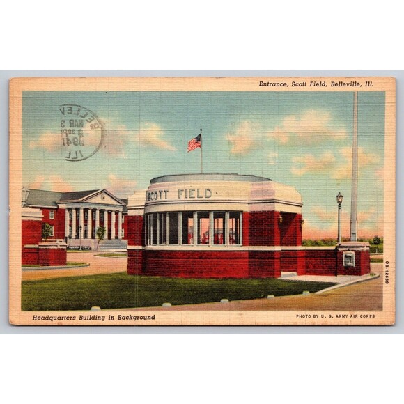 Postcard Illinois Belleville Scott Field Entrance Headquarters Posted 1941 Linen - Picture 1 of 2